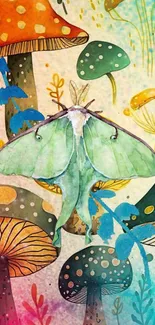 A watercolor art with a green moth and colorful mushrooms in a whimsical style.