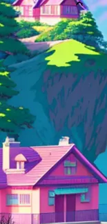 Colorful mountain cottage art with pink rooftops and lush greenery.