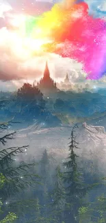 Magical mountain landscape with colorful sky and castle in fantasy art style.