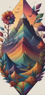 Colorful geometric mountain wallpaper with floral accents.