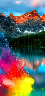 Mountain lake with colorful splash reflection under sunset light.