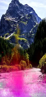 Vibrant mountain landscape with pink foreground and lush greenery.