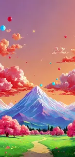 Colorful mountain landscape with cherry trees and a sunset sky.