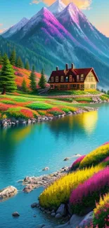 Vibrant mountain landscape with flowers, cabin, and blue lake.