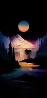 Colorful night mountain scene wallpaper with moon.