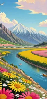 Vibrant mountain river landscape with colorful flowers and a bright blue sky.