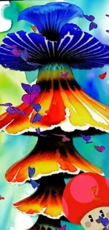 Colorful mushroom and butterflies art wallpaper for mobile.