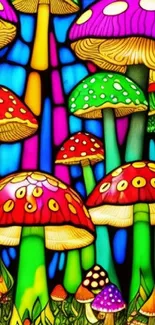 Colorful, vibrant wallpaper with mushrooms in stained-glass style.