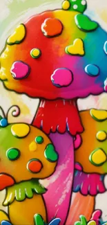 Vibrant cartoon mushrooms with colorful polka dots on a bright mobile wallpaper.