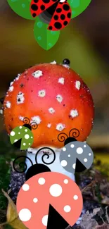 Cartoon mushroom and ladybugs on a vibrant forest floor.