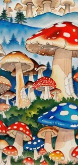 Vibrant fantasy forest with colorful mushrooms in art style.