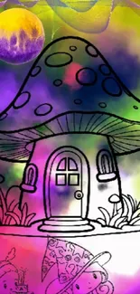 Whimsical mushroom house in vibrant colors, surrounded by fantasy elements.