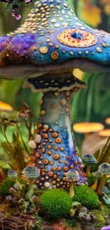Colorful mushroom in a fantasy garden setting.