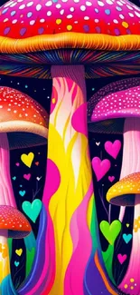 Colorful psychedelic mushroom art with hearts and vibrant colors.