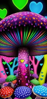 Vibrant fantasy mushroom wallpaper with neon colors and heart patterns.