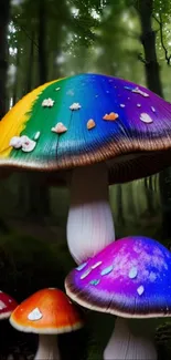 Colorful mushrooms in a lush green forest wallpaper.