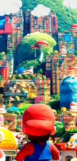 Vibrant Mushroom Kingdom wallpaper with red mushrooms and lush hills.