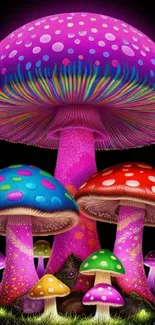 Vibrant and colorful mushroom art featuring purple-tinted mushrooms.