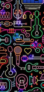 Colorful neon music instrument wallpaper design.