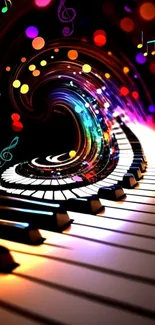 Vibrant music-themed wallpaper with colorful swirl and piano keys.