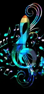 Colorful music note on black background.