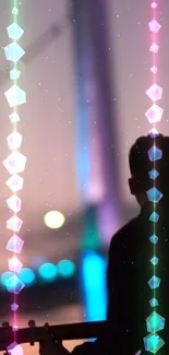 Silhouette of guitarist with vibrant geometric lights.