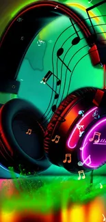 Colorful neon headphones with music notes design.