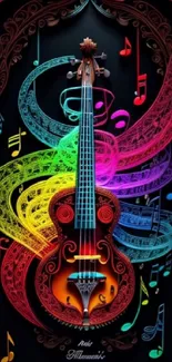 Colorful abstract art of musical instrument with vibrant notes.