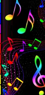 Colorful music notes with rainbow patterns on a black background wallpaper.