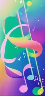 Colorful musical notes on a vibrant, multicolored abstract background.