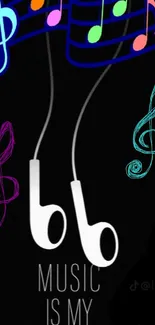 Colorful music notes and earbuds on a black background.