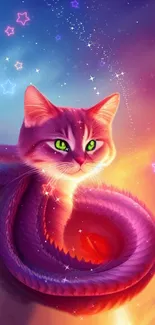 Mobile wallpaper of a mystical cat with glowing eyes in a colorful galaxy setting.