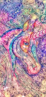 Colorful mystical unicorn in psychedelic art style on a mobile wallpaper.