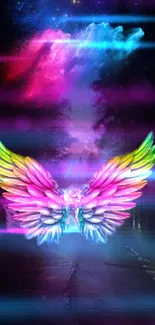 Colorful mystical wings against cosmic backdrop wallpaper.