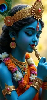 Divine blue-skinned figure playing flute with floral adornments.