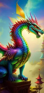 Vibrant dragon art wallpaper with a colorful fantasy landscape.