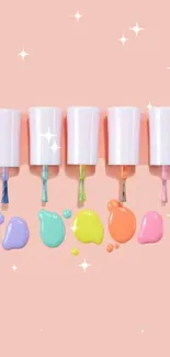 Five pastel nail polish bottles dripping paint on a peach background.