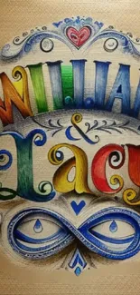 Vibrant colorful lettering name art wallpaper with decorative design.