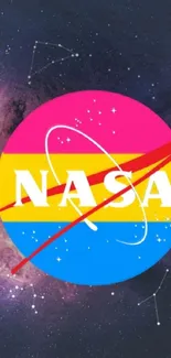 Colorful NASA logo against cosmic background wallpaper.