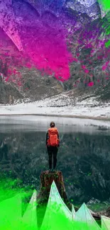 Person with an orange backpack stands by a serene lake with vibrant abstract colors.