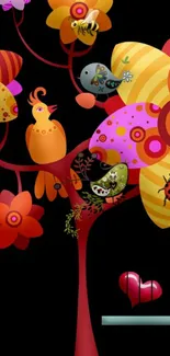 Whimsical, colorful tree with birds on a dark background.