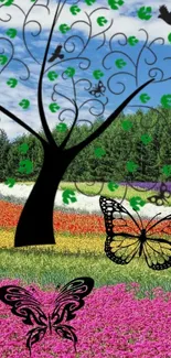 Vibrant wallpaper with tree and butterflies over floral fields.