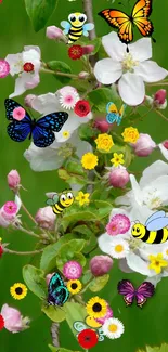 Colorful wallpaper with butterflies, bees, and flowers on a green background.