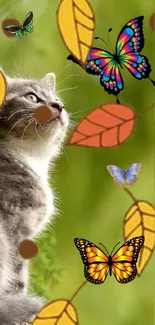 A gray cat with butterflies and leaves on a green background.