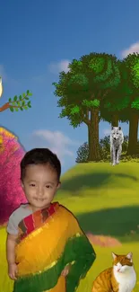 Wallpaper of a child with nature and animals in vibrant colors.