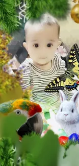 Vibrant mobile wallpaper with baby, butterfly, parrot, and bunny in nature.