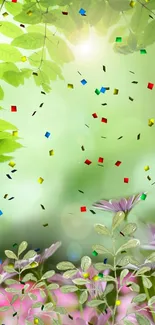 Colorful nature wallpaper with green leaves, flowers, and confetti accents.