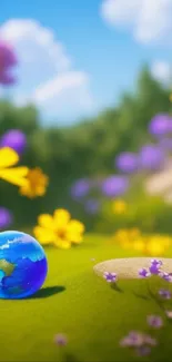 Vibrant wallpaper with Earth orb in a colorful flower meadow.