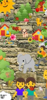 Cartoon nature wallpaper with sun, trees, animals, and smiling characters.