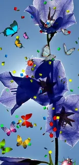 Vibrant fantasy art with colorful butterflies and flowers against a blue sky.